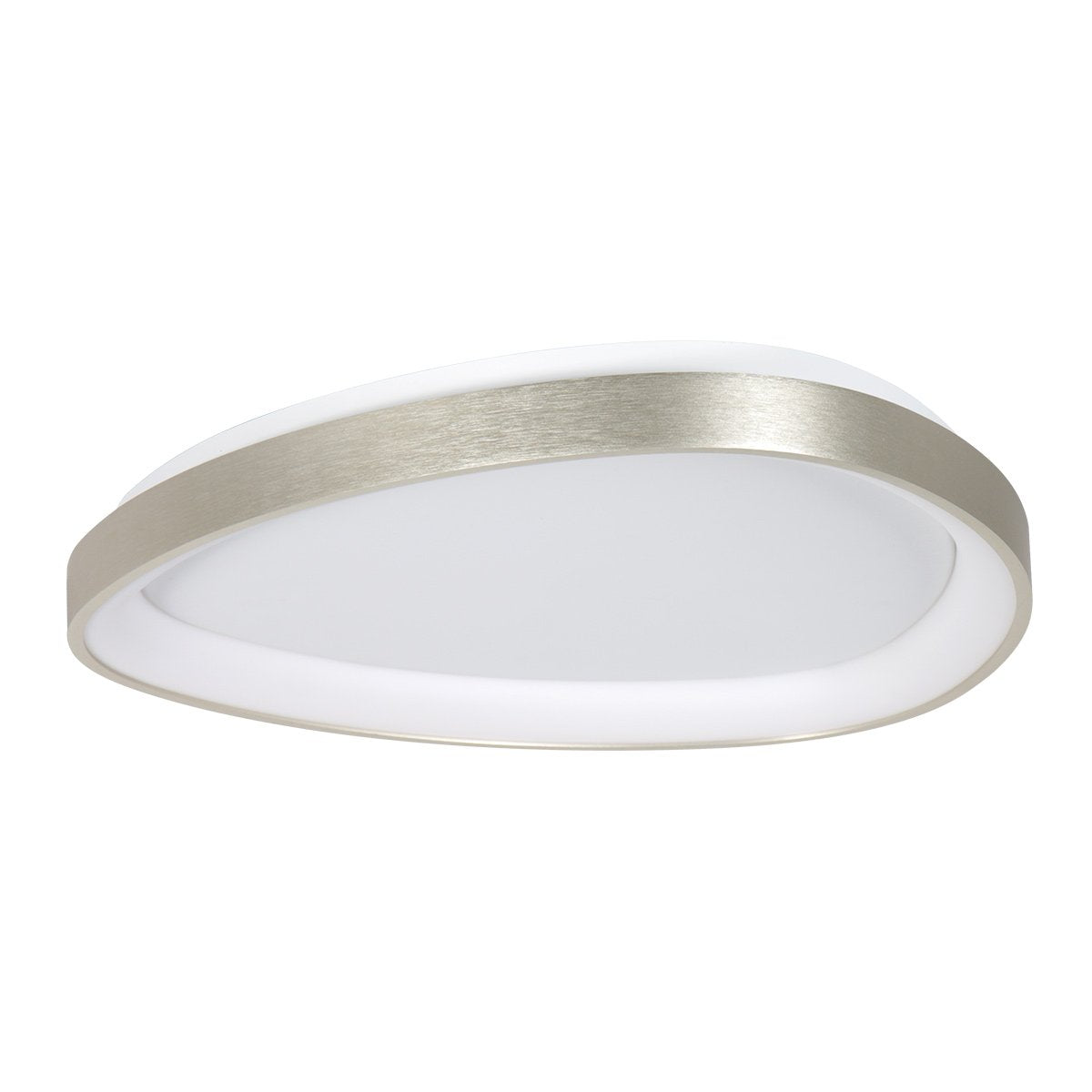 Vue de trois quarts du plafonnier, cerclage argent brossé et diffuseur blanc