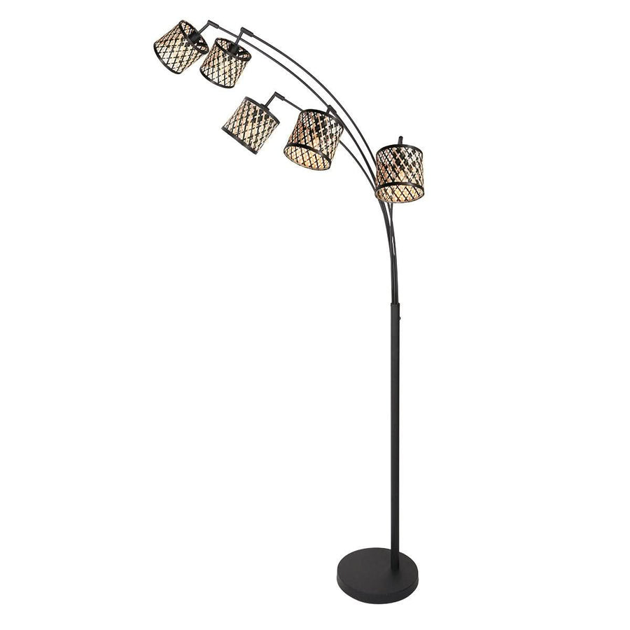 Lampadaire Sumba noir, 5 lumières, abat-jour en bambou Ø12 cm