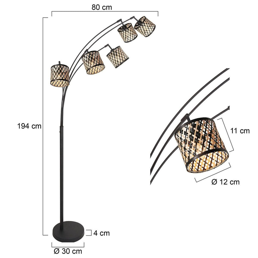 Lampadaire Sumba noir, 5 lumières, abat-jour en bambou Ø12 cm