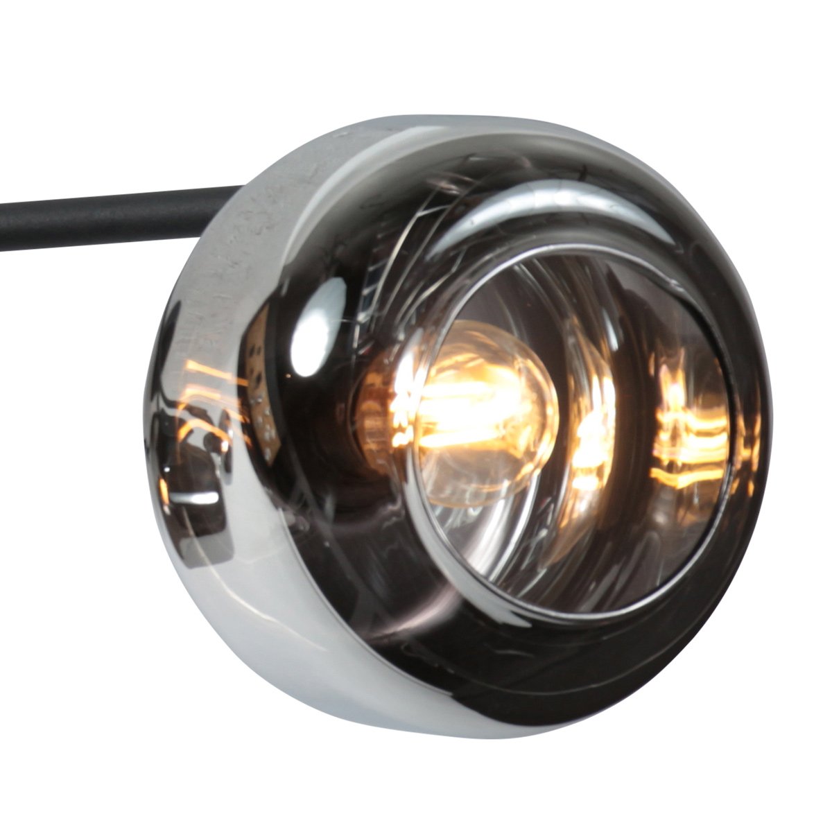 Détail d'un globe fumé vu de côté, tige noire horizontale et ampoule chaude à l'intérieur.