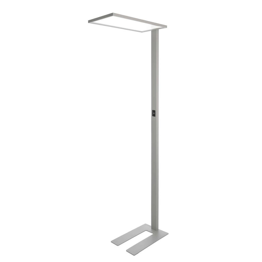 Lampadaire de bureau argenté avec tête rectangulaire plate et base en U.