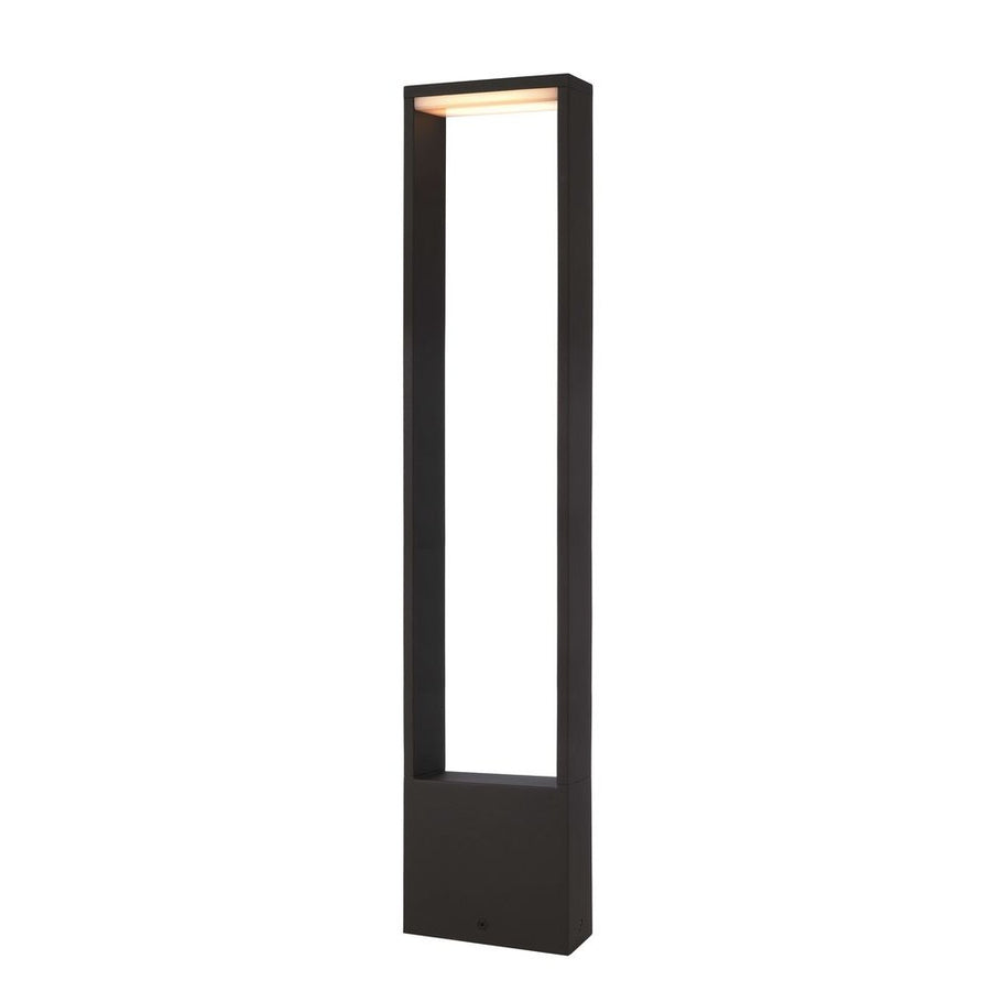 Lampadaire extérieur anthracite à structure rectangulaire ajourée, éclairage LED intégré en partie haute.