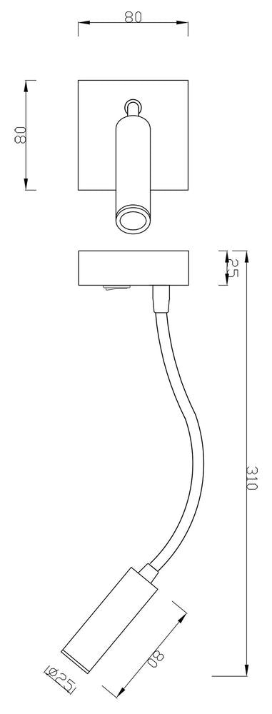 Schéma coté de l'applique murale avec base carrée et bras de 310 mm