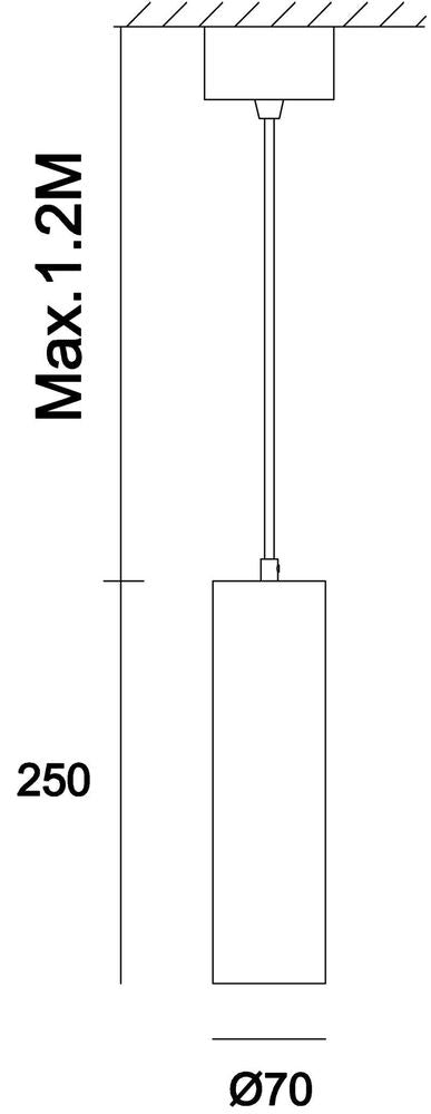 Schéma de dimensions indiquant une hauteur maximale de 1,2 m et un diamètre de 70 mm.