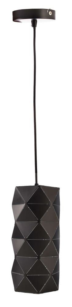 Vue de face du luminaire noir avec abat-jour festonné et câble de suspension.