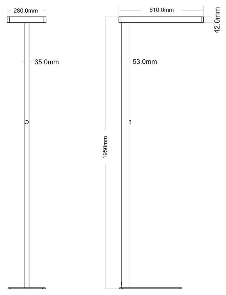 Schéma technique côté du lampadaire, hauteur et dimensions de la tête.