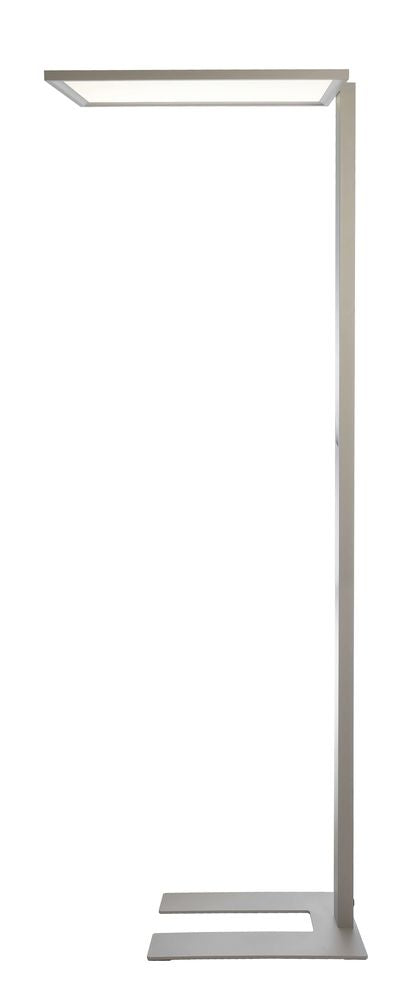 Profil du lampadaire éclairé, montrant la finesse de la tête et du mât vertical.