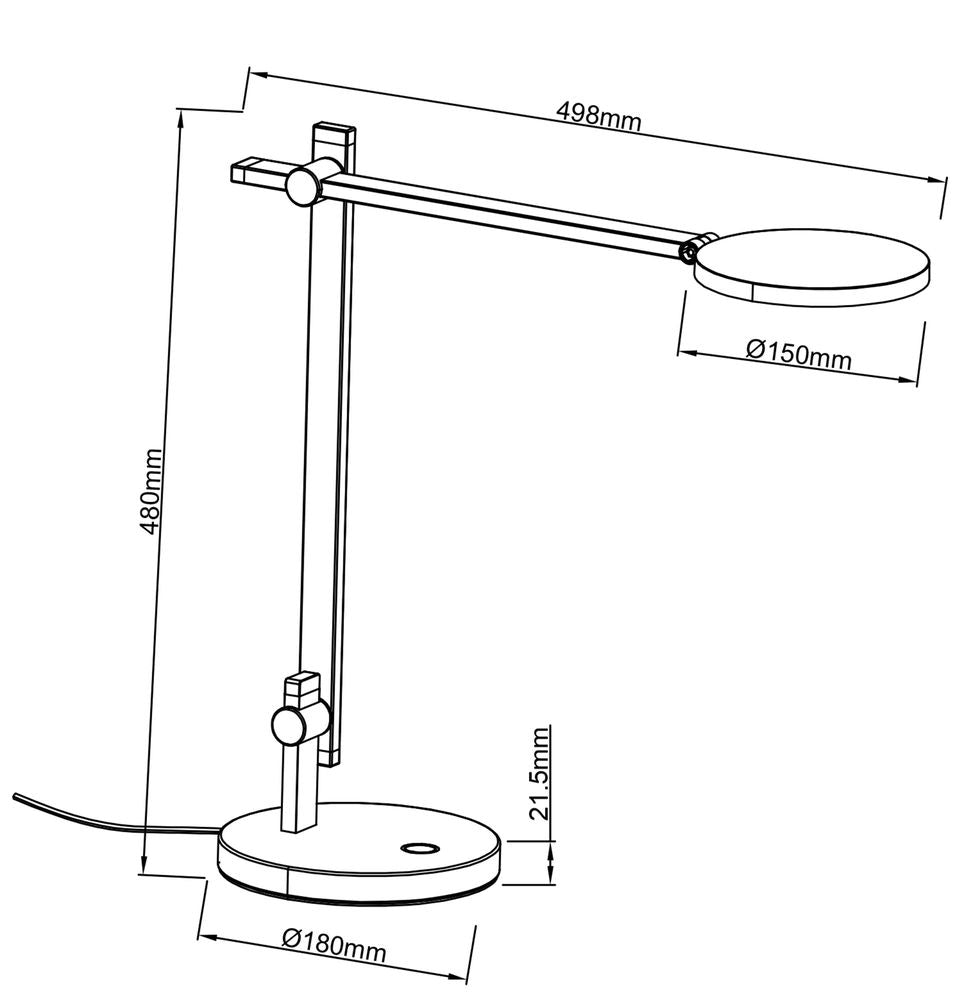 Schéma de dimensions : hauteur 480 mm, base Ø180 mm et tête Ø150 mm.