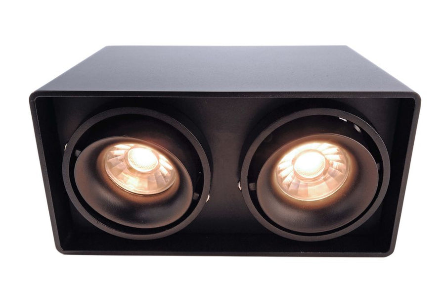 Face avant du luminaire noir à deux spots ronds logés dans un boîtier rectangulaire