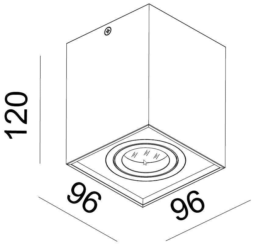 Schéma de dimensions du spot : 96 mm de côté et 120 mm de hauteur.