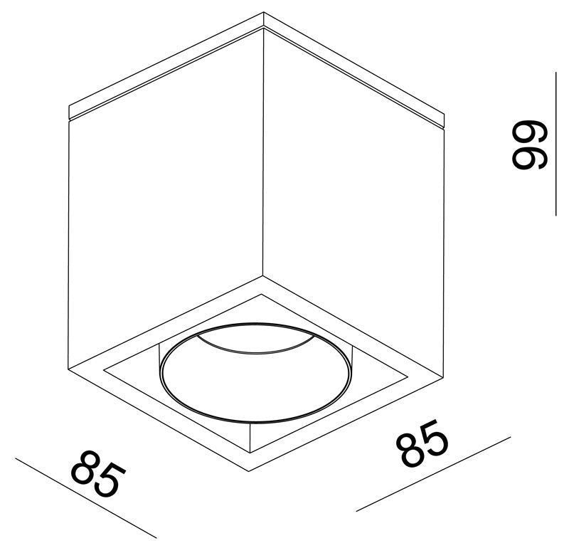 Schéma de dimensions du plafonnier carré, 85 mm de côté et 66 mm de hauteur.