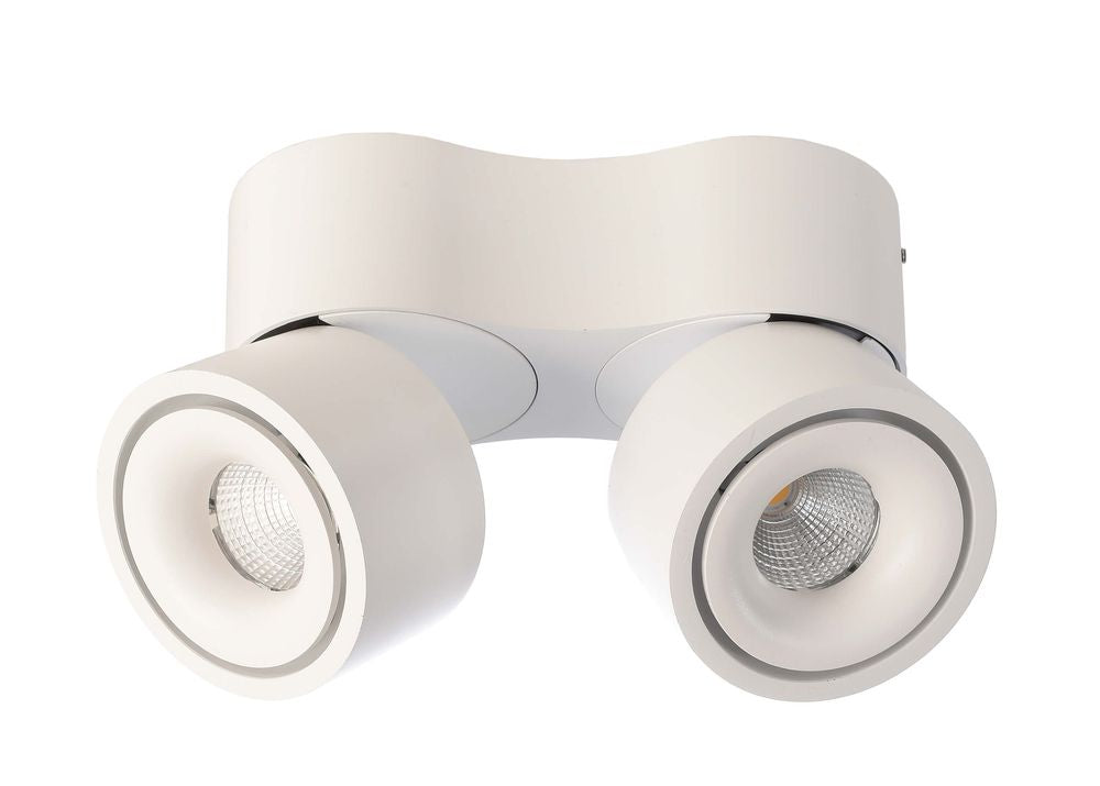 Vue rapprochée du spot double blanc, têtes cylindriques orientables et modules LED visibles.
