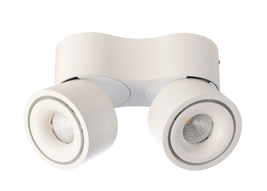Vue rapprochée du spot double blanc, têtes cylindriques orientables et modules LED visibles.