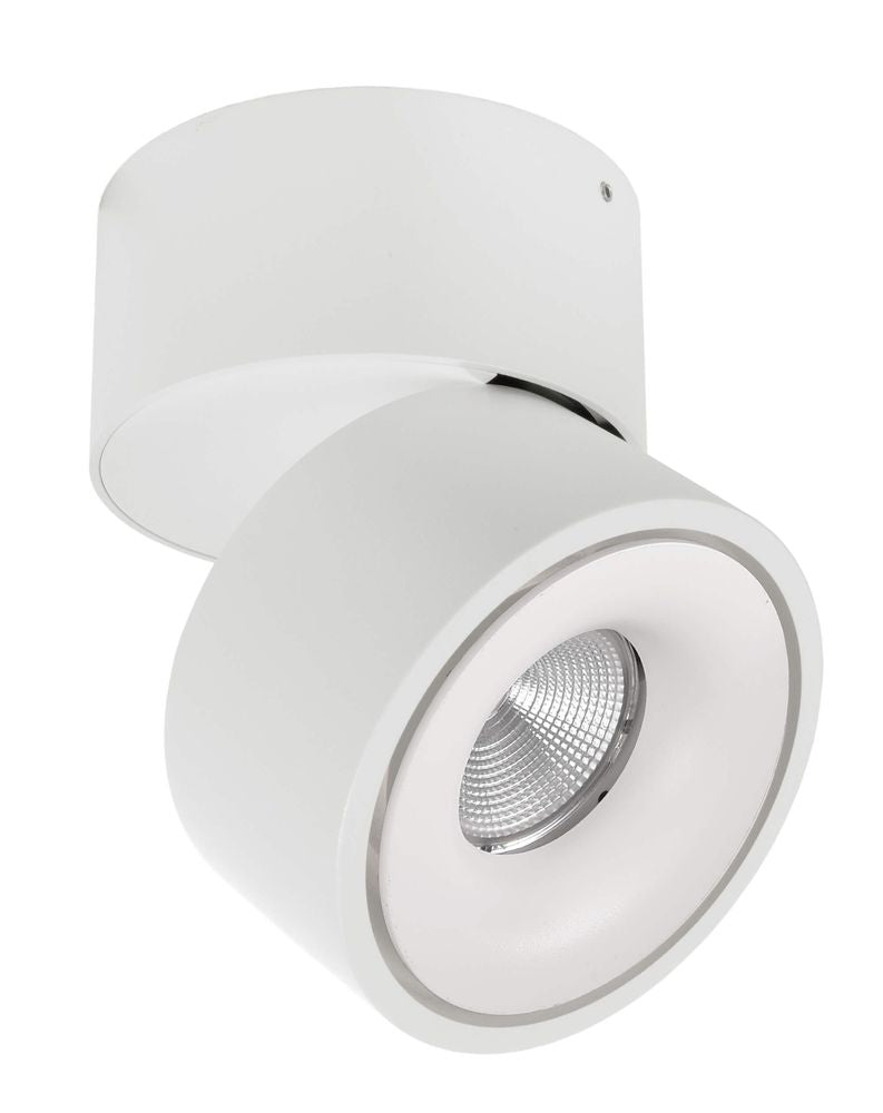 Vue rapprochée du spot blanc éteint, montrant la lentille LED et la collerette.