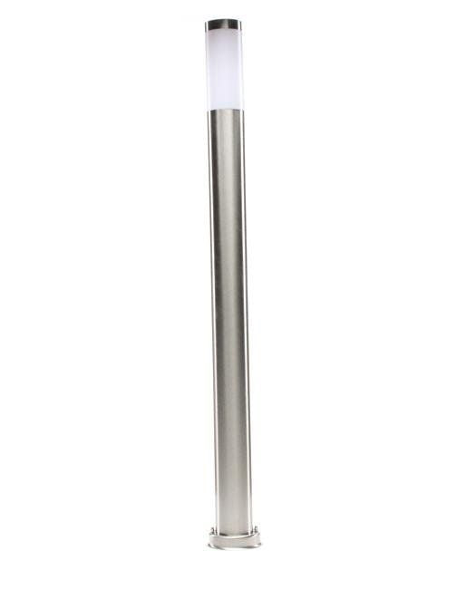 Vue de face du lampadaire extérieur éteint, corps cylindrique argenté et haut diffuseur blanc