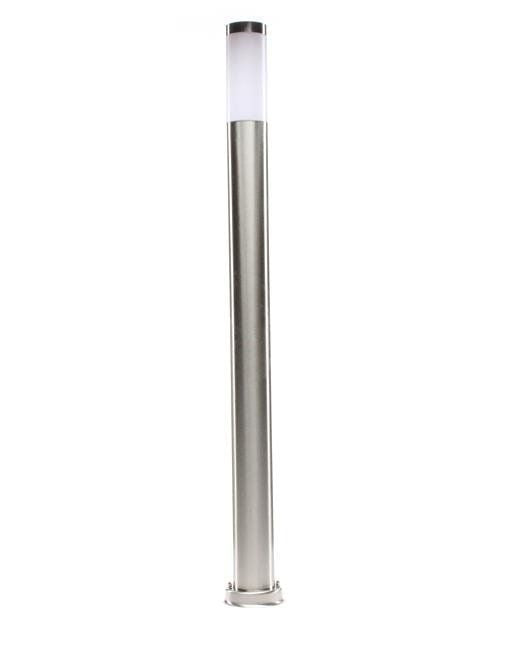 Lampadaire colonne inox éteint présenté de face sur fond blanc, diffuseur translucide
