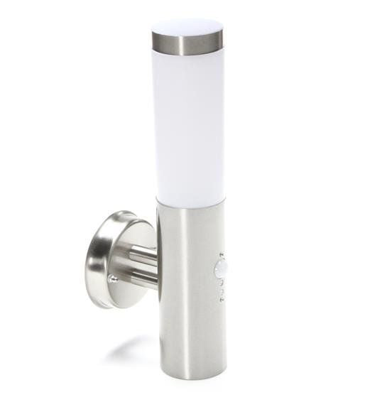 Profil de l’applique avec bras de fixation et corps cylindrique en inox.
