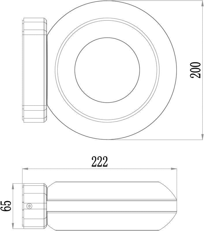 Schéma de dimensions de l'applique : diamètre 200 mm, saillie 222 mm, hauteur 65 mm.