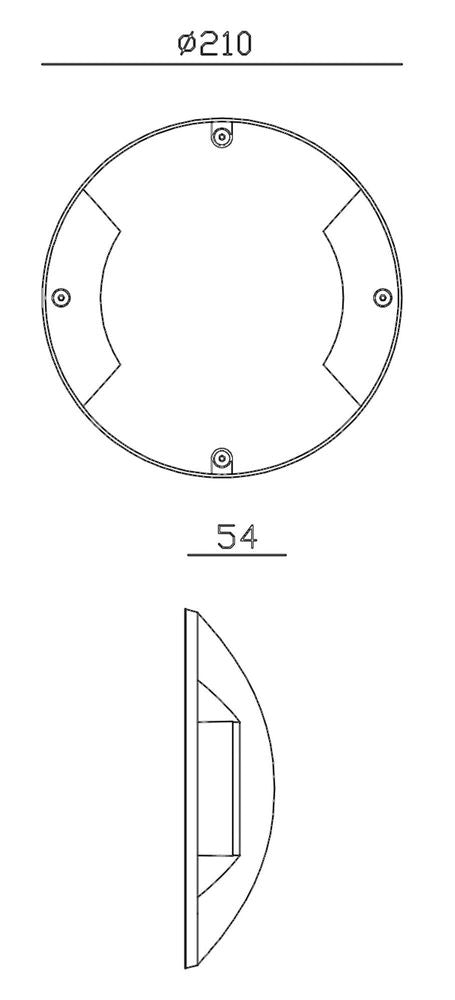 Schéma technique côté de l'applique ronde, diamètre 210 mm et profondeur 54 mm.