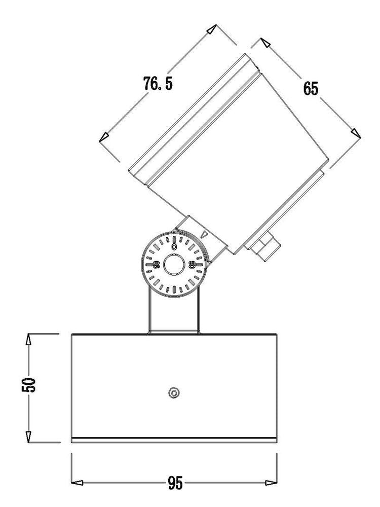 Schéma coté du projecteur avec dimensions de la tête et de la base.