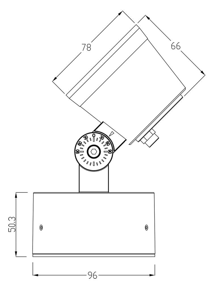 Schéma technique côté du spot montrant dimensions de la tête et de la base.