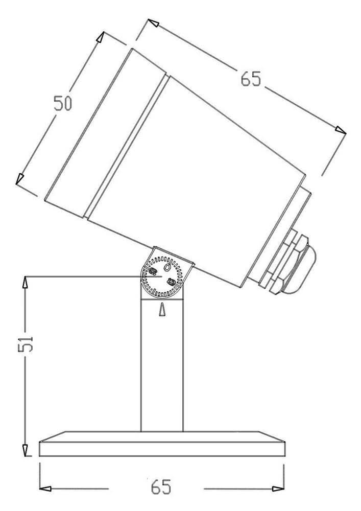 Schéma coté montrant les dimensions du projecteur, du support et de la base circulaire.