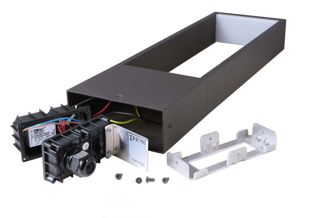 Détail technique du bloc d'alimentation et du support de fixation fournis avec le luminaire.