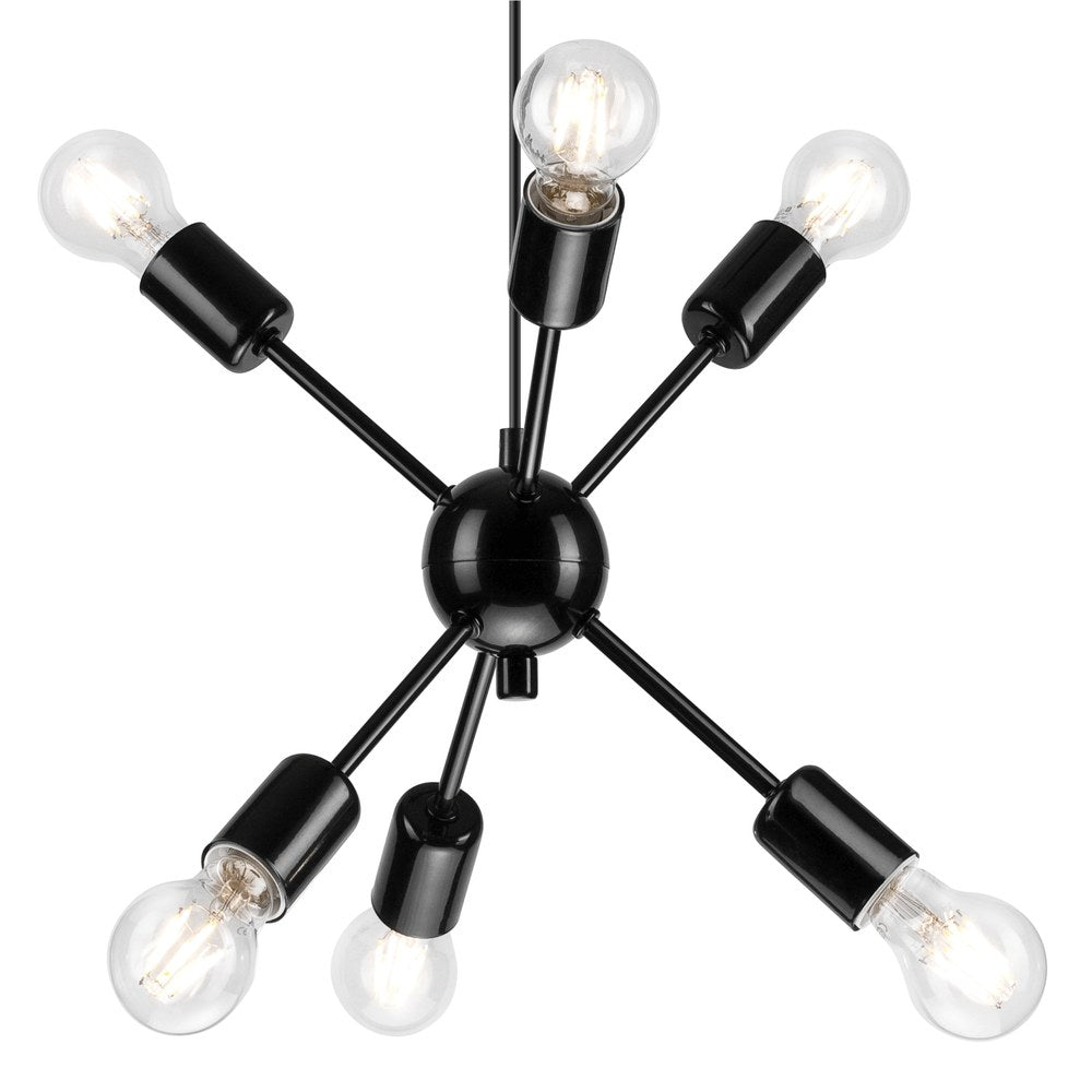 Gros plan sur la grappe de six ampoules transparentes, sphère noire brillante et bras métalliques rayonnants.