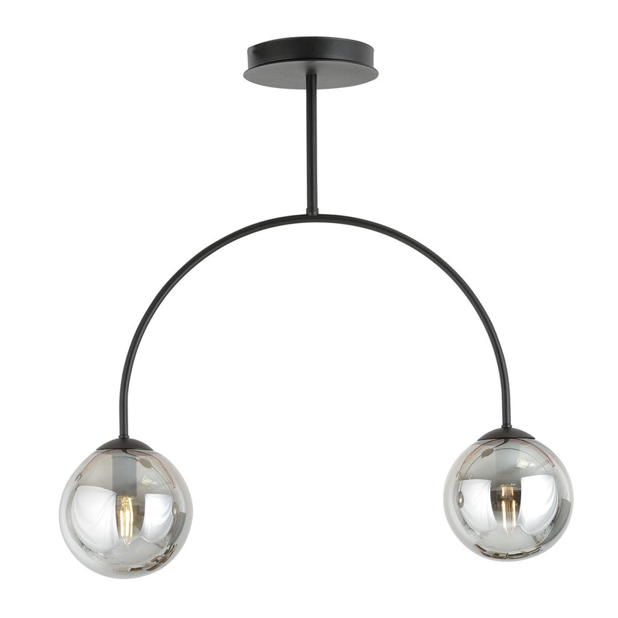 Plafonnier noir à deux globes en verre fumé, vue de face sur fond blanc.