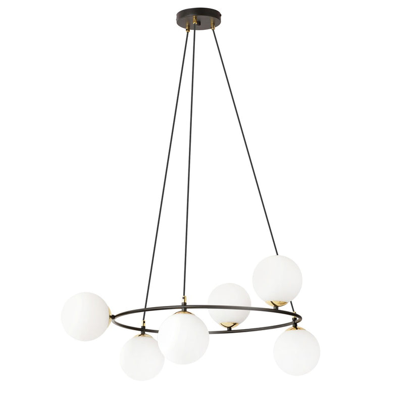 Plafonnier Akuryon 6 lumières noir et opale, verre