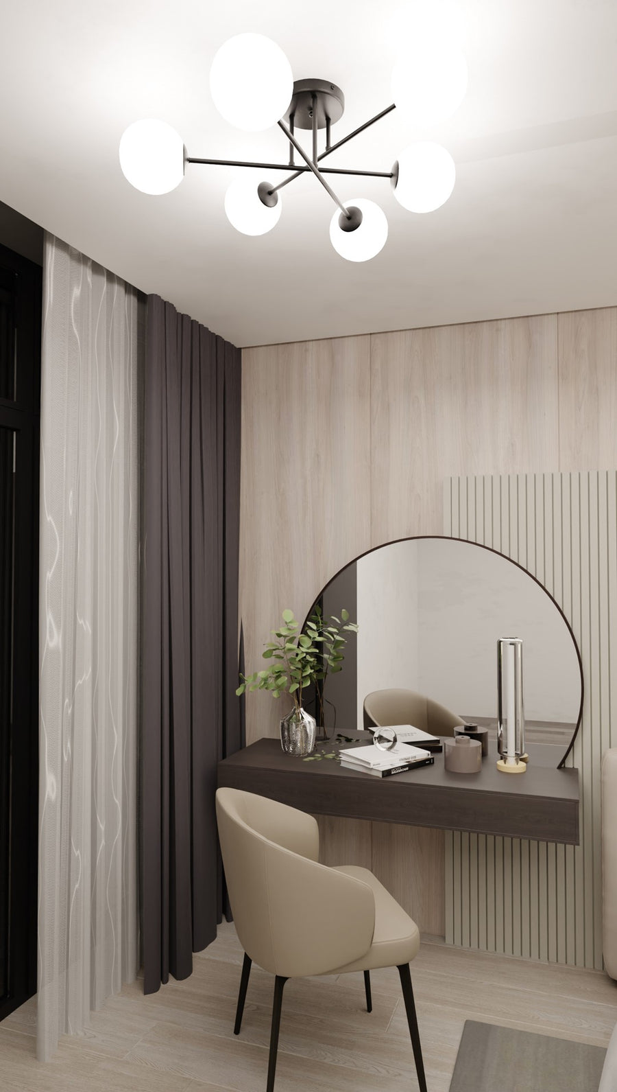 Plafonnier installé au plafond au-dessus d’un bureau, miroir rond et rideaux gris.