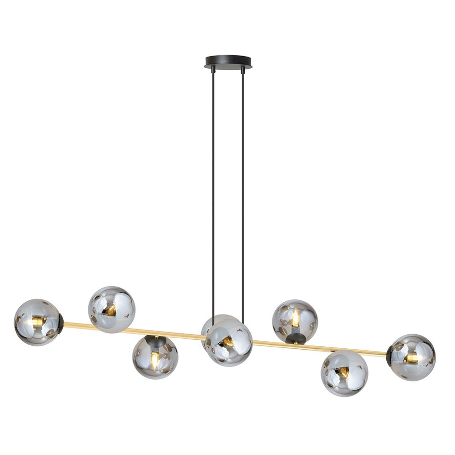 Suspension complète sur fond blanc, barre dorée horizontale et huit globes en verre fumé.