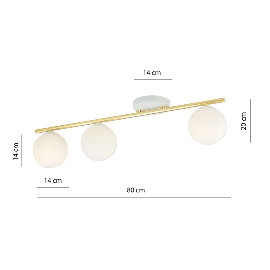 Schéma coté : 80 cm de large, 20 cm de haut, globes de 14 cm.