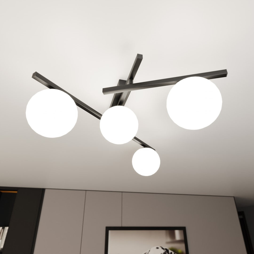 Plafonnier Luleris 4 lumières noir et opale, verre