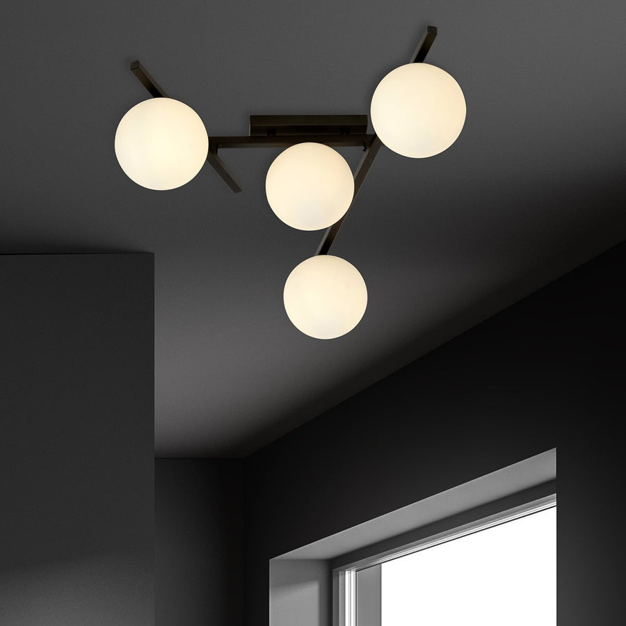 Plafonnier Luleris 4 lumières noir et opale, verre