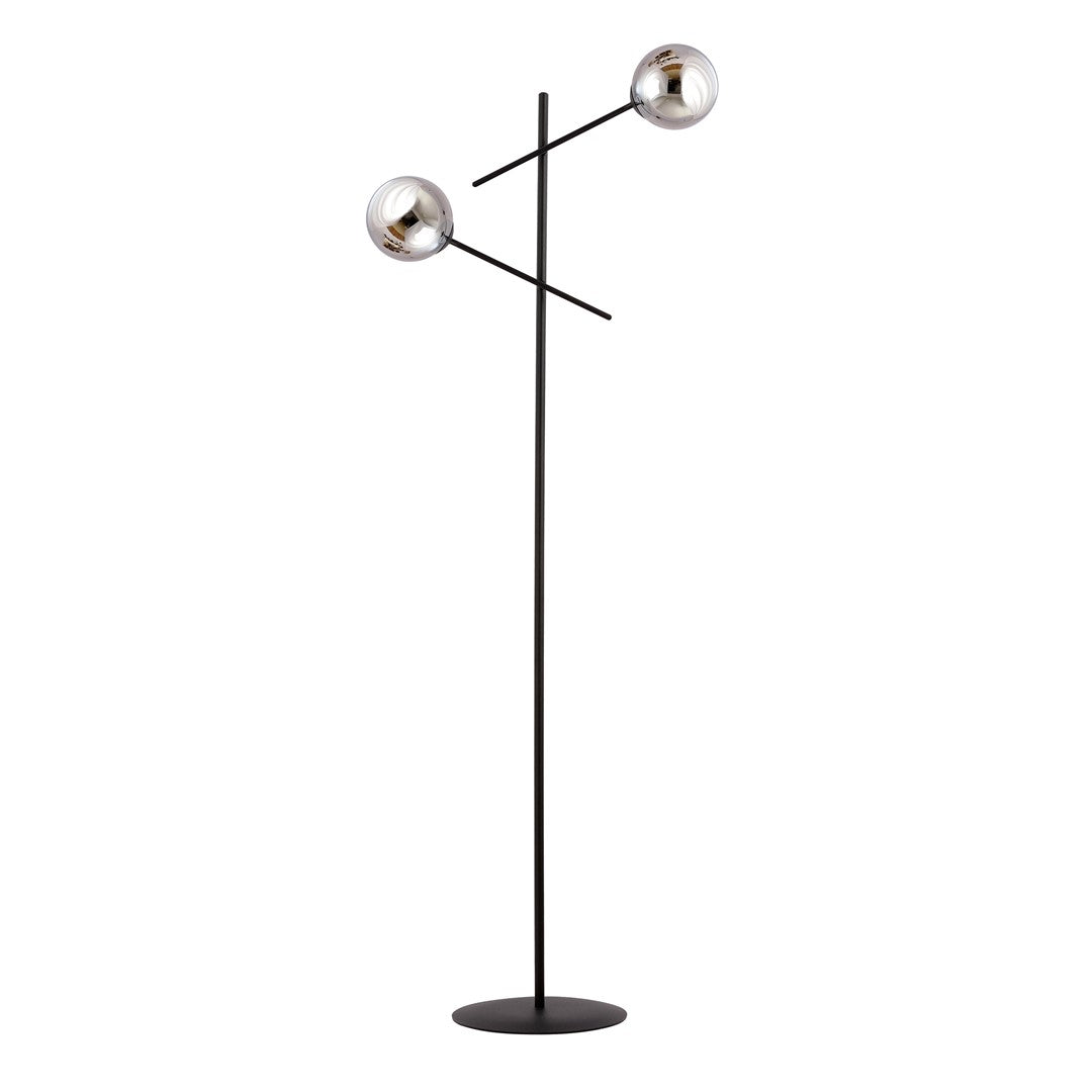 Vue frontale du lampadaire anthracite, globes transparents et long fût fin sur base ronde.