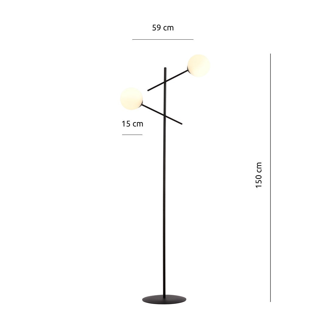 Schéma de dimensions du lampadaire avec hauteur totale et largeur indiquées.