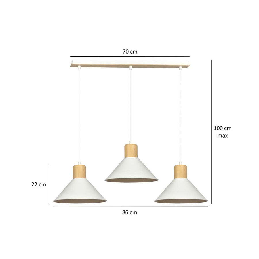 Schéma coté : barre 70 cm, hauteur max 100 cm, abat-jour 22 cm, largeur 86 cm.