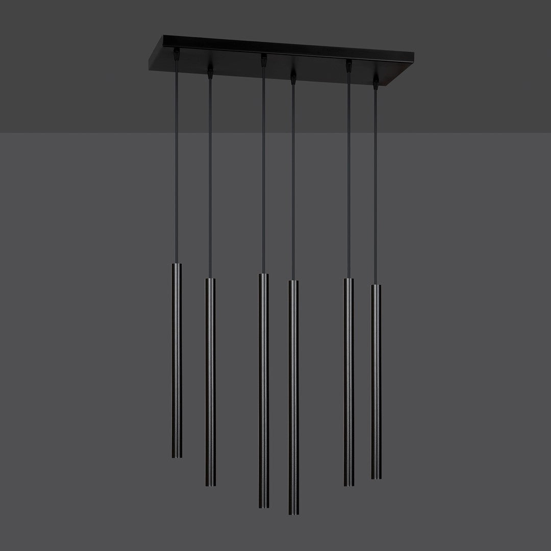Vue de face du luminaire noir à six tubes suspendus, présenté sur fond gris anthracite.