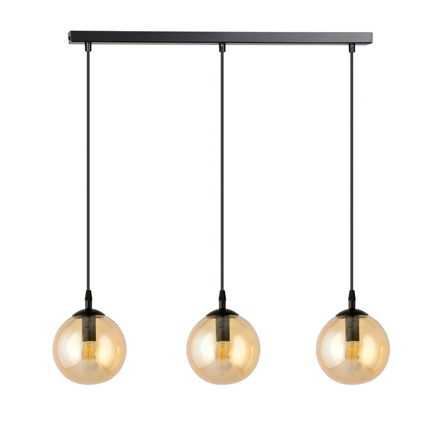 Présentation produit isolée de la suspension à trois globes en verre ambré.