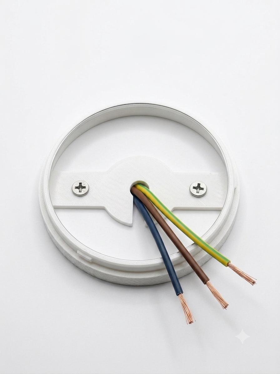 Détail du socle mural blanc avec câbles électriques et vis de fixation