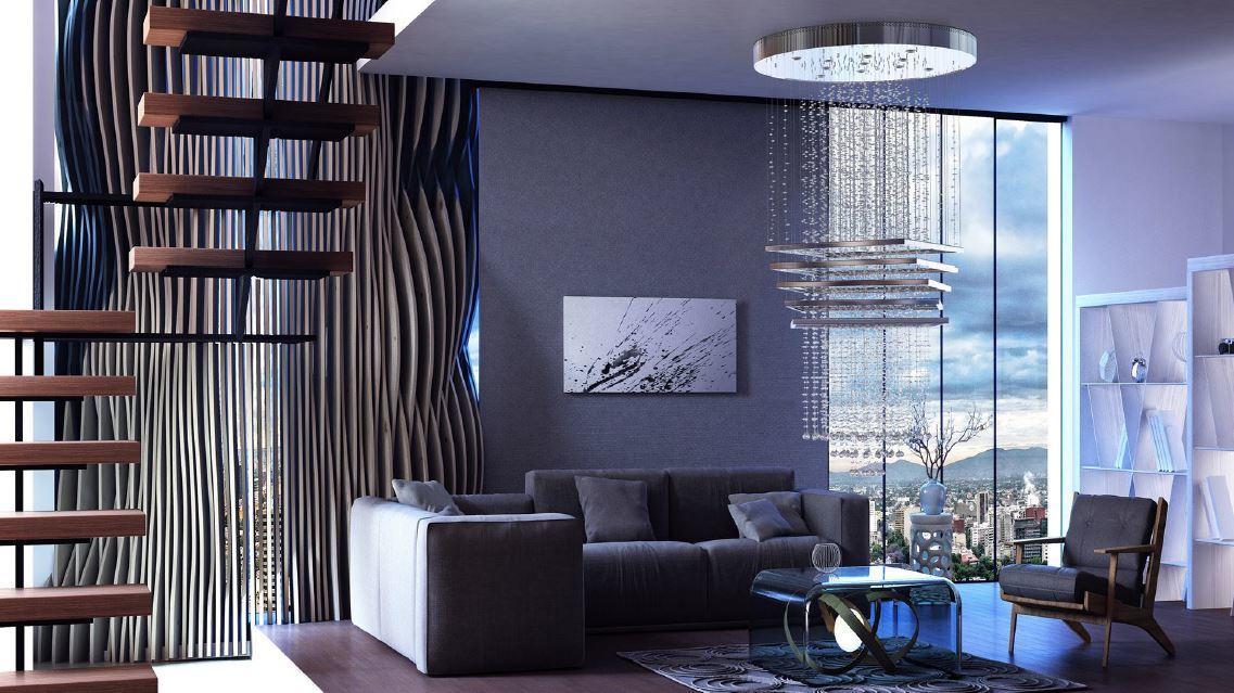 Suspension cristal installée dans un salon moderne, près d'un escalier et d'une baie vitrée.