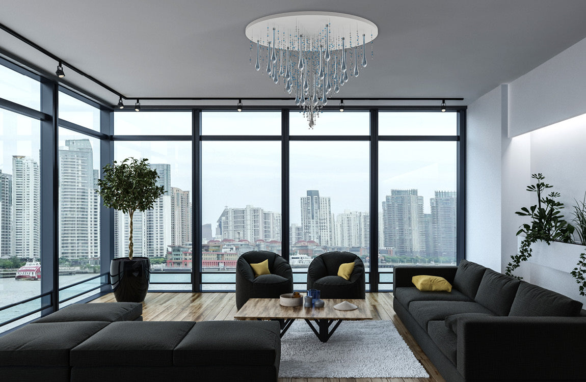 Mise en ambiance du plafonnier au-dessus d'un salon moderne avec vue urbaine