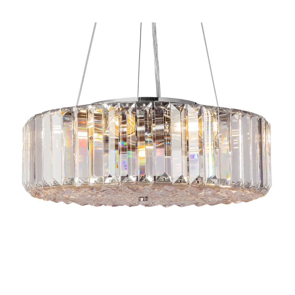 Produit de face, abat-jour cylindrique en cristal taillé et monture argentée