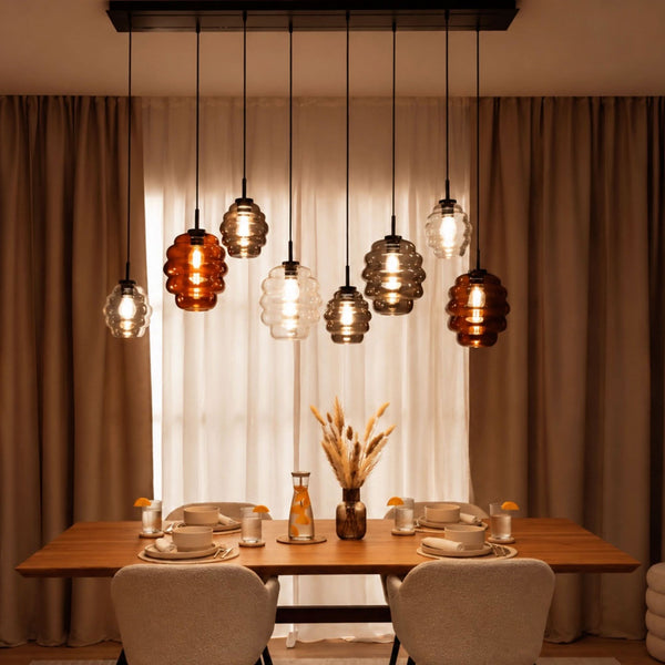 Suspension de table Echos 8 lumières sur 2 rangées, longueur 160 cm, verres Ø 18 et 25 cm