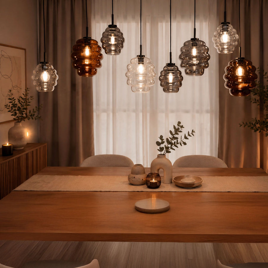 Suspension de table Echos 8 lumières sur 3 rangées, longueur 200 cm, verres Ø 25 cm