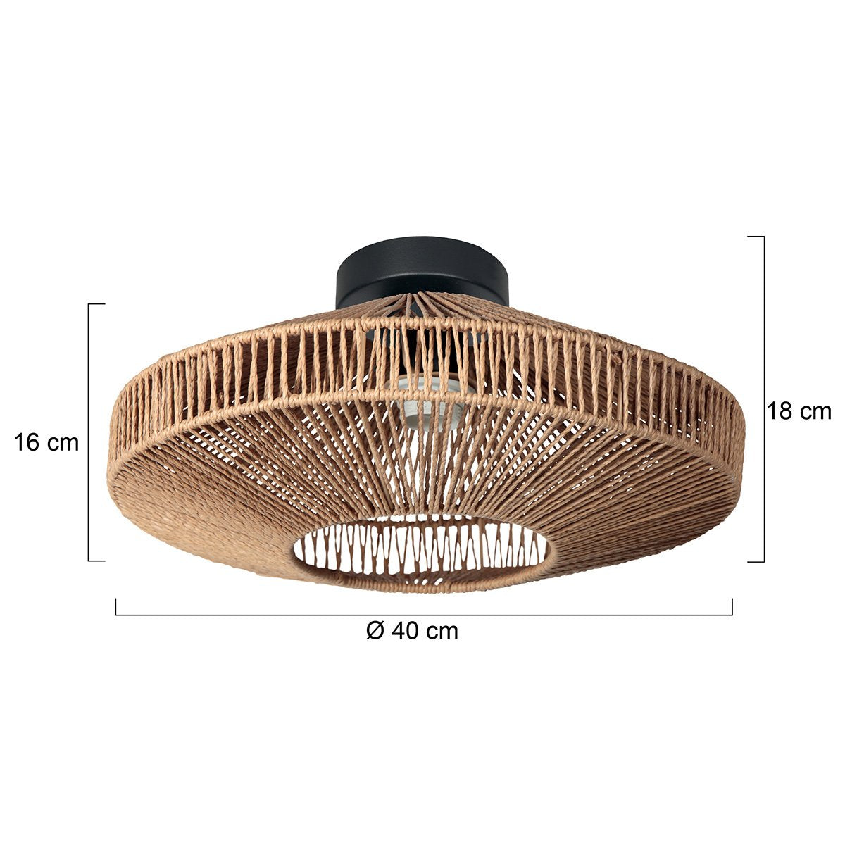 Schéma coté du plafonnier indiquant 40 cm de diamètre et 18 cm de hauteur