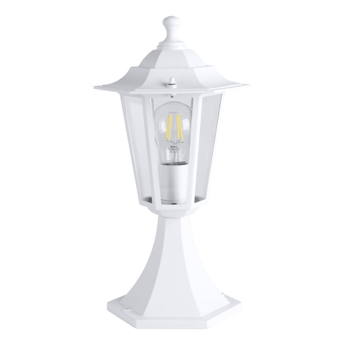 Lanterne blanche légèrement inclinée, ampoule LED filament visible, fond blanc neutre
