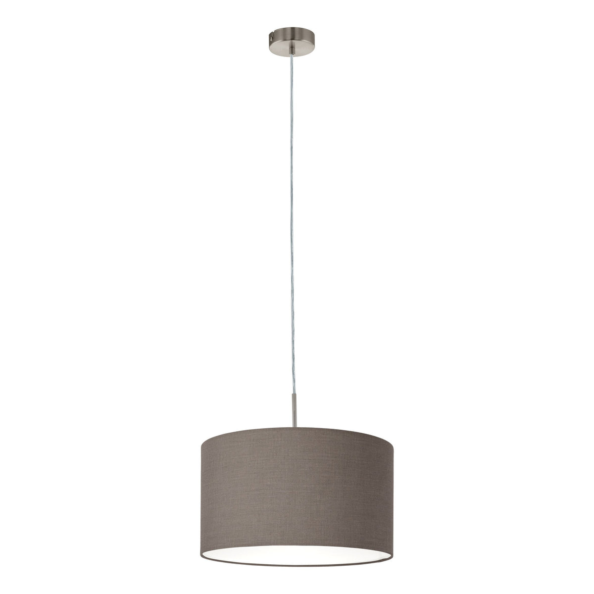 Vue rapprochée du luminaire seul, détail de la finition textile de l'abat-jour.