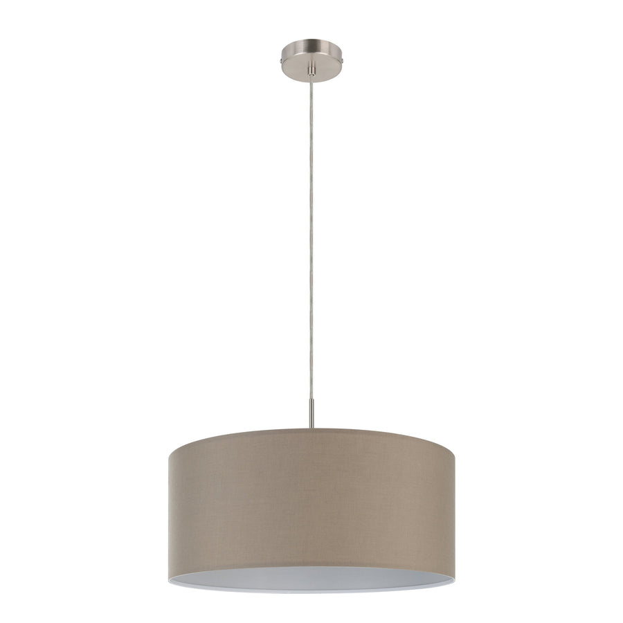 Vue de trois quarts du luminaire suspendu avec sa rosace de fixation